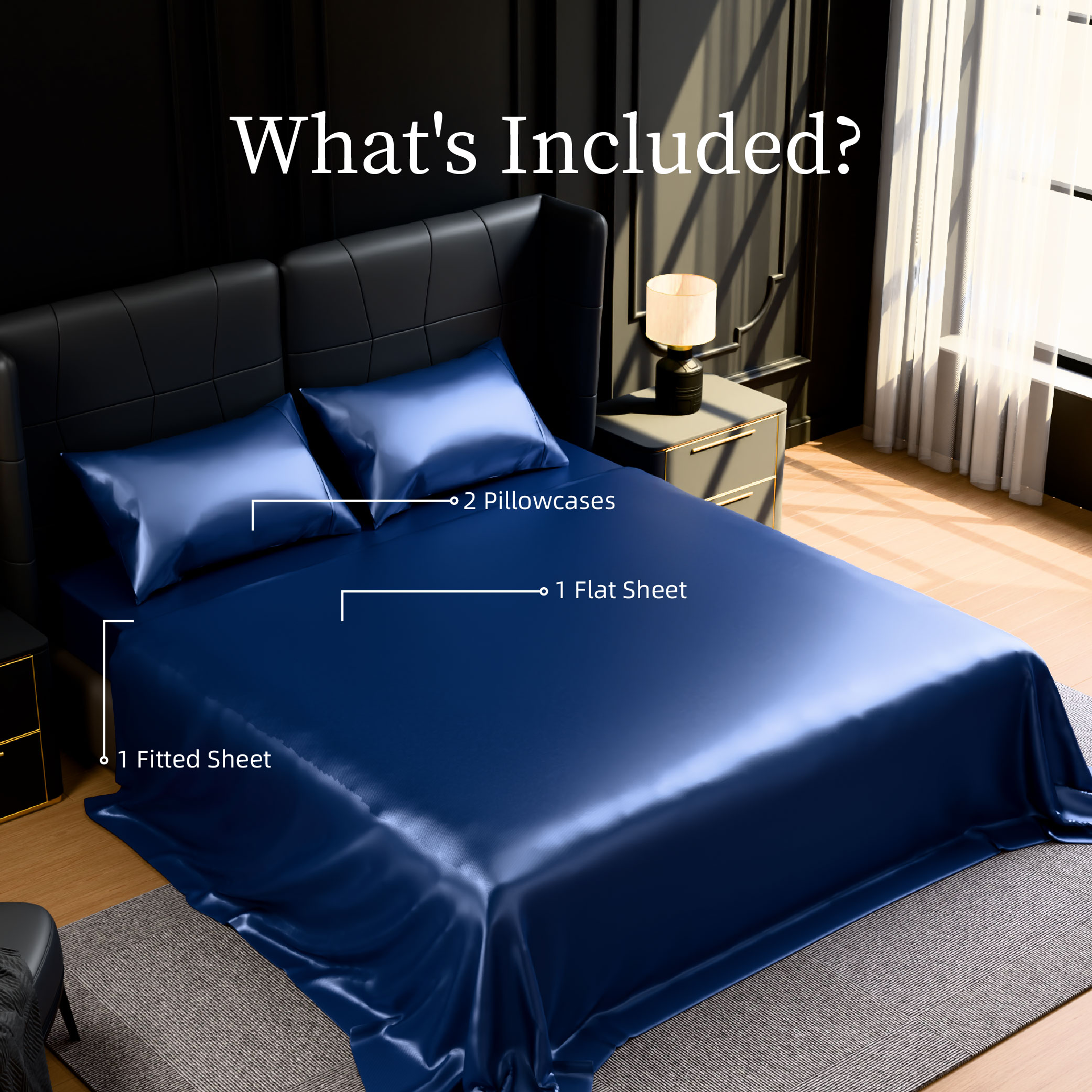 Satin Bed Sheets, King Size Sheets Set, 4 Pcs Silky Bedding Set With 15 Inches Deep Pocket For Mattress (King, Navy Blue)_voghion.com